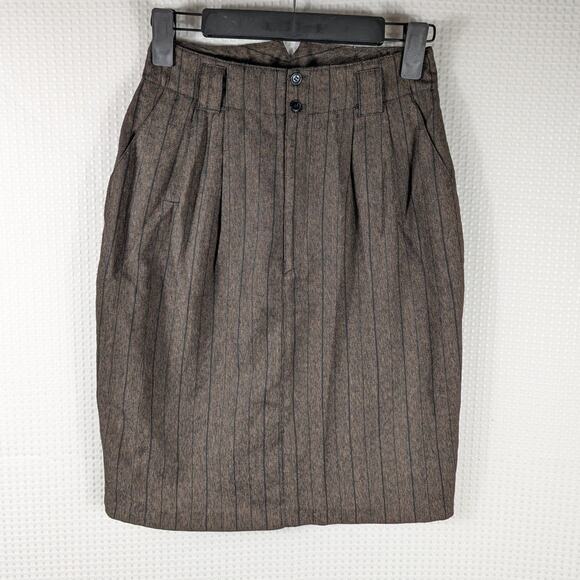 Vintage JR’S Skirt Size 7 Brown Pinstripe High Waist Midi Pencil Made in Taiwan - Picture 1 of 3